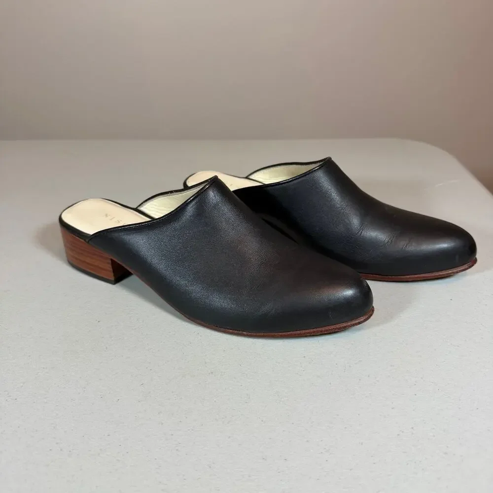 Nisolo Mariella Mule Womens 7 Smooth Black Leather Classic Round Toe Block Heel